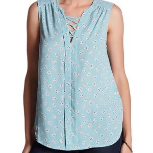 PLEIONE Blue Popover Blouse Lace Up Printed XL